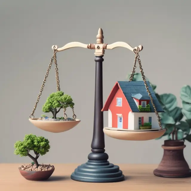 Balanced scales represent property value, mortgage debt, and home equity loans (HELOC) with LTV ratios.