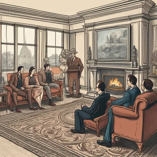 A historical scene with lobbyists from various eras gathered around a digital fireplace, symbolizing the evolution of lobbying from physical to virtual spaces