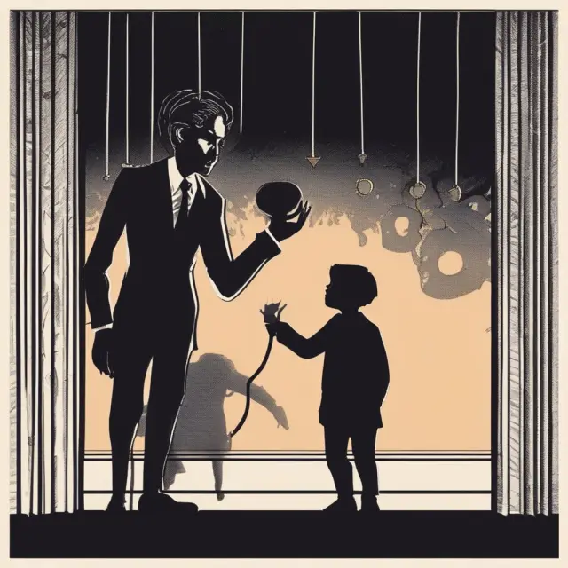 Shadow puppets representing lobbyists, pulling strings and influencing political decisions