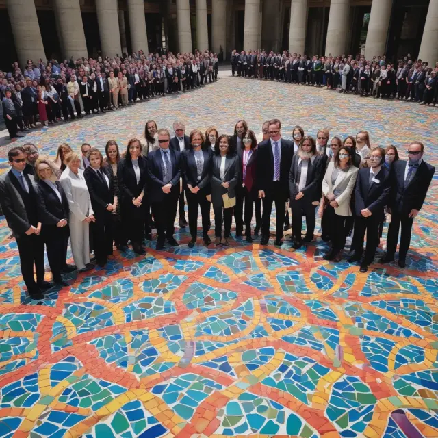 Group of lobbyists influencing public opinion via a political mosaic, representing various interests and advocacy