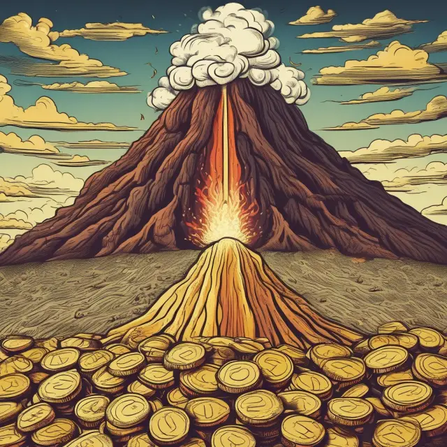 Volcanic eruption of gold coins symbolizing long-term profit targets.