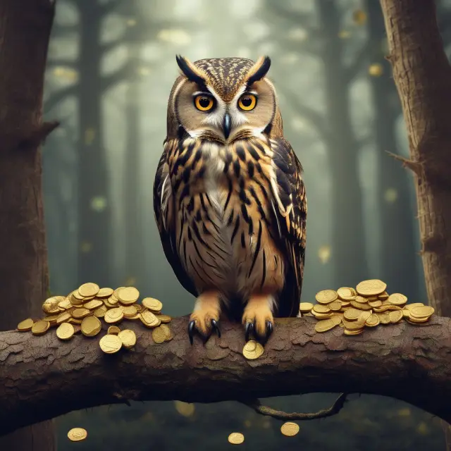 An image of a wise owl holding golden coins while considering profit targets in the context of investing and trading