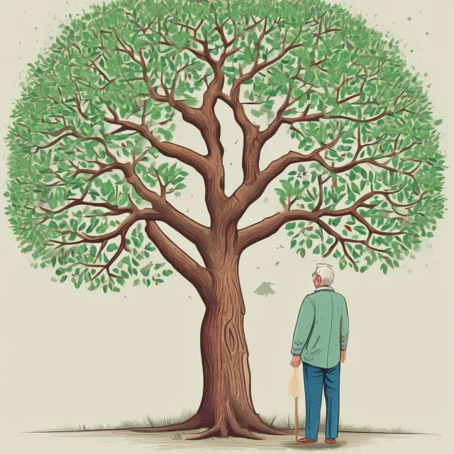 Elderly man considering his retirement income solutions: life annuity (branch with guaranteed income), RRIF (branch with investment control), and LRIF (middle ground)