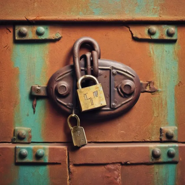 An individual turns a key in a rusted padlock atop an LIRA vault, illustrating the process of unlocking funds during emergencies