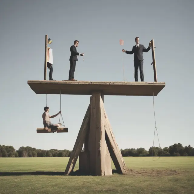 Employees balancing locked-in stocks and options on a seesaw, symbolizing the challenge of managing financial complexities within employee incentive programs.