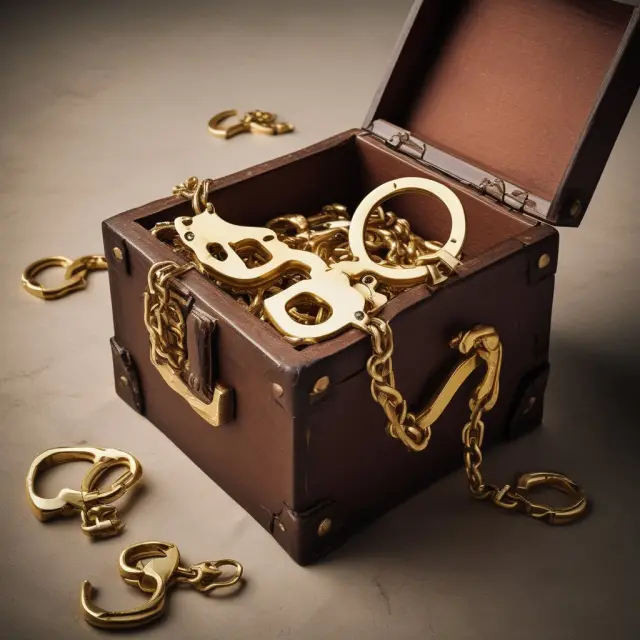 A person wearing golden handcuffs, symbolizing retirement account restrictions, stands before a locked treasure chest filled with securities and investment opportunities