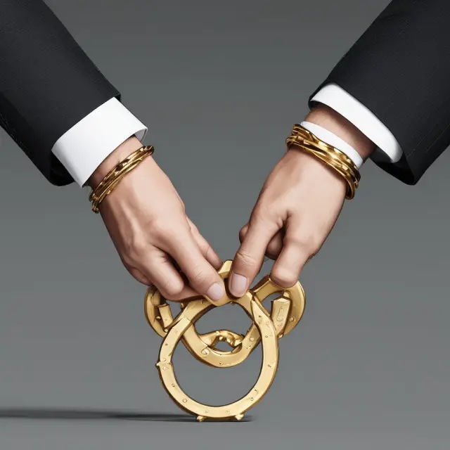 A handcuffed executive holding a stock certificate represents the concept of locked-in shares functioning as long-term commitments and performance incentives.