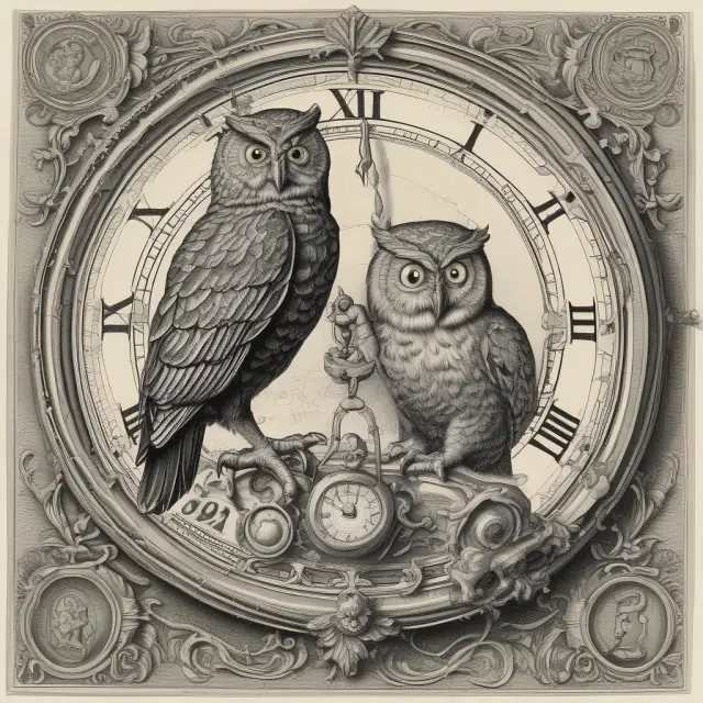 An owl, representing wise financial advice, assesses a clock with locked securities, demonstrating the influence of time and tax obligations.