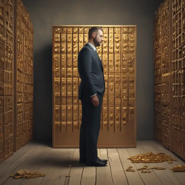 An employee holding a chest of vested stock keys, symbolizing the concept of vesting schedules and locked-in securities