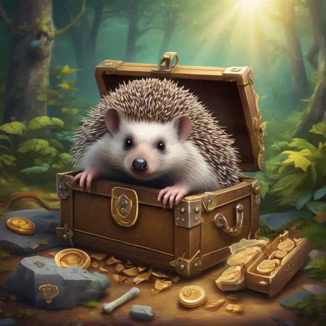 A hedgehog protects a treasure chest filled with start-up gold keys, signifying the importance of lock-up periods for hedge funds and new businesses.