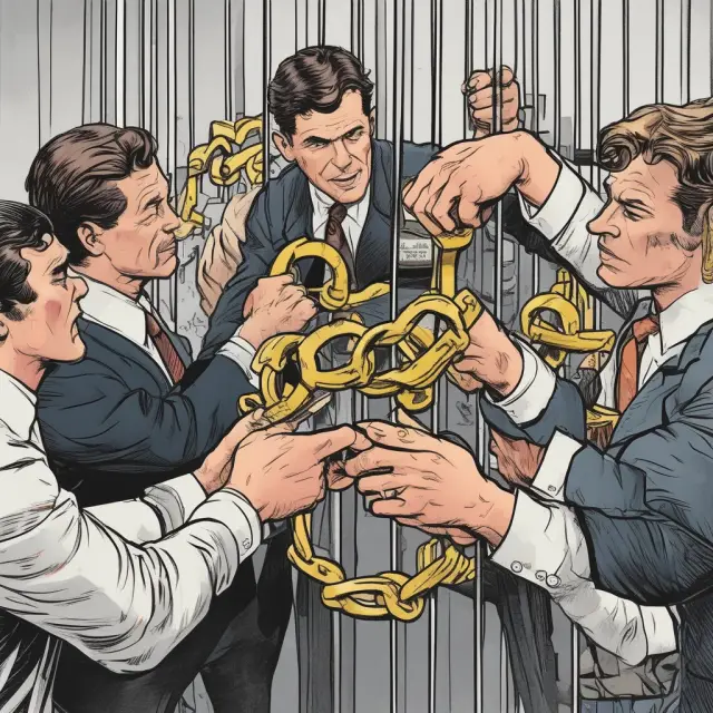 A golden chain binds executives, employees, and investors, symbolizing the impact of lock-up agreements on their ability to sell shares following an IPO.