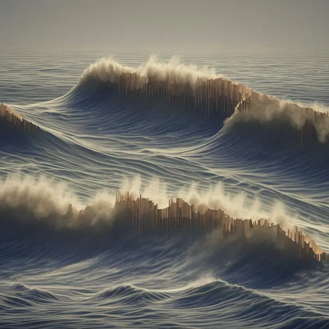 Visualization of log-normal waves on a shore representing stock price graphs and their advantages over normal distributions.