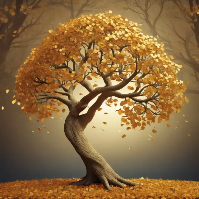A golden tree laden with leaves symbolizing log-normal distributions, derived from the wisdom of normal distributions in finance
