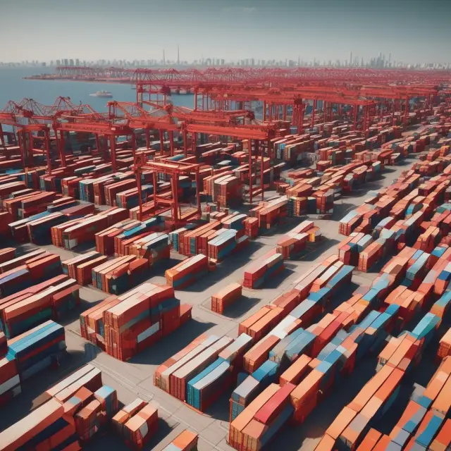 An oracle guiding shipping containers through a digital maze, symbolizing logistics software