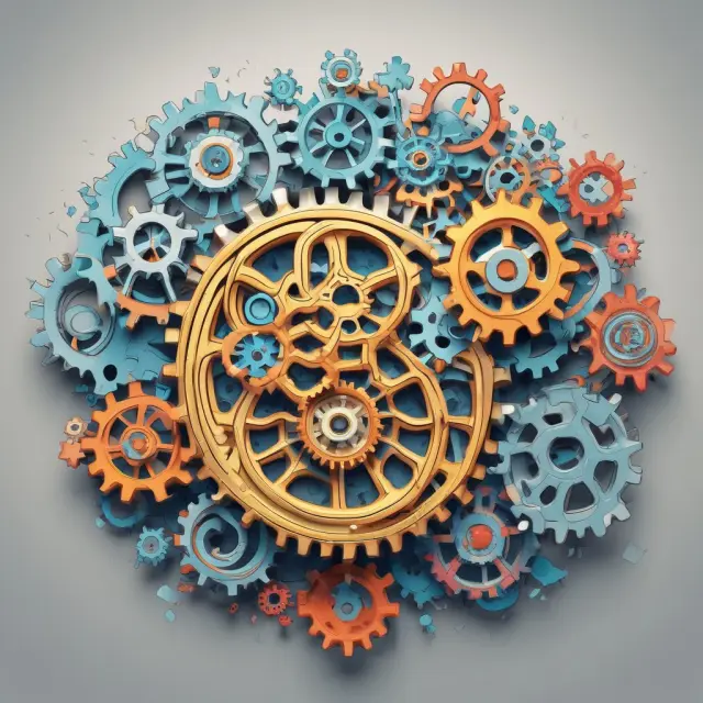 An image depicting interconnected globalized gears forming a complex web, illustrating logistical challenges in a globalized business environment