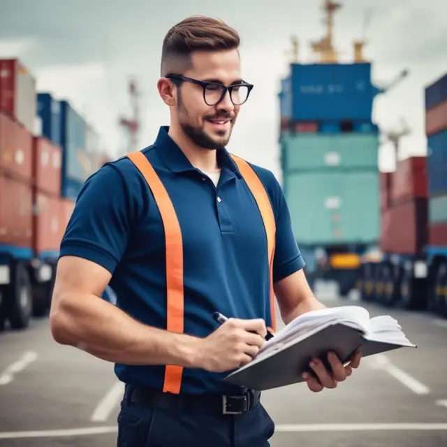 Logistician navigating shipping fleet symbolizing career progression in logistics, with educational requirements and salary expectations