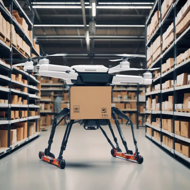 A robotic drone delivers a Zara garment from an Amazon warehouse shelf, illustrating the integration of innovative logistics technologies and efficient supply chain management