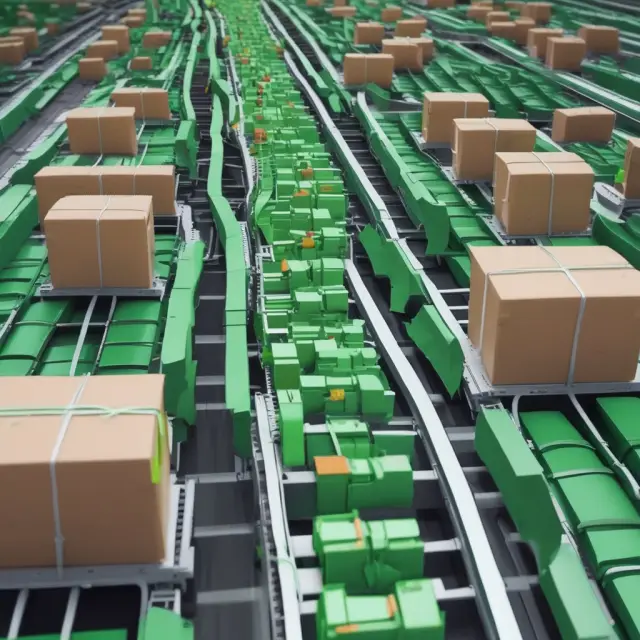 Robot arm sorting eco-friendly packages on a conveyor belt, representing sustainable automation in modern logistics management