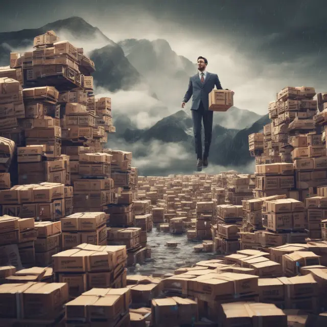 Logistics manager controlling supply chain from a mountain of crates, symbolizing effective logistics management
