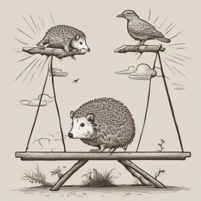 A hedgehog (risk management) and phoenix (speculation) on a balanced seesaw, representing the vital equilibrium between risk mitigation and speculation in LME markets