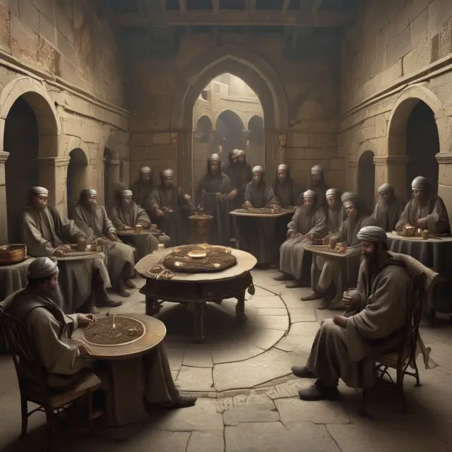 Merchants gathered around a historic coffee house table, illustrating London Metal Exchange
