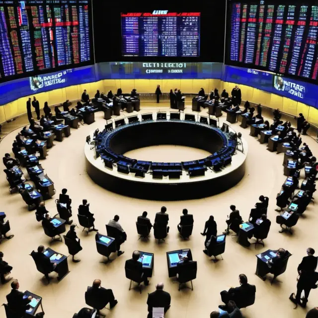 London Metal Exchange traders huddled at their seats within the trading pit, discussing prices around illuminated metal price boards