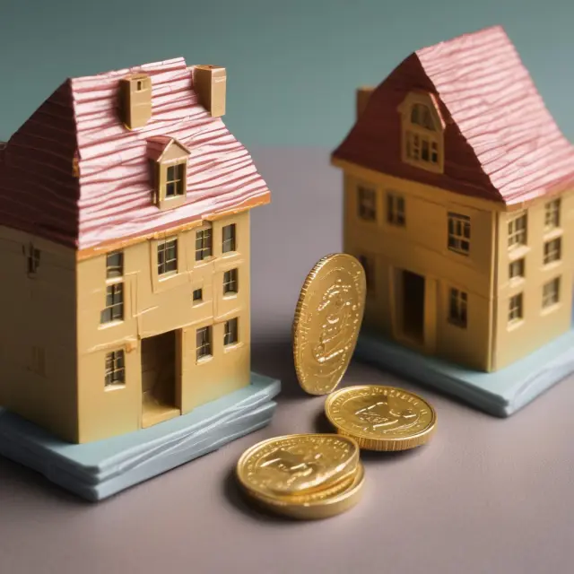A balance scale showcasing gold coins representing LIHTC, houses for Section 8 vouchers, and bricks symbolizing public housing to illustrate the differences between affordable housing programs.