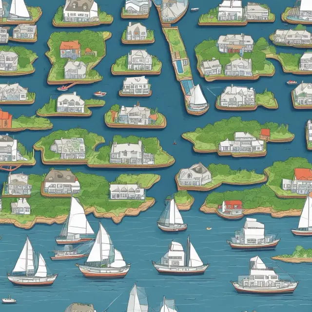 A developer navigating the competitive application process for LIHTC credits is depicted as a sailor braving stormy seas to reach an archipelago of elusive credit islands