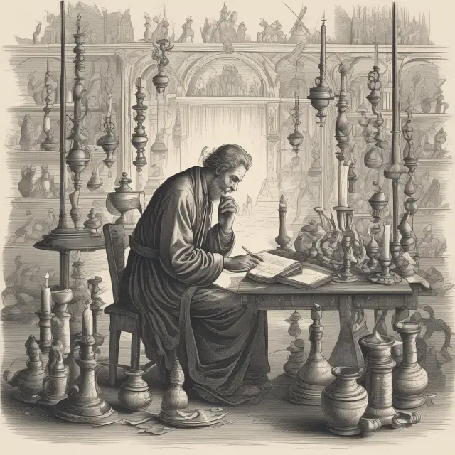 A scholar engrossed in books and financial charts, learning about the long-legged doji for investment growth.