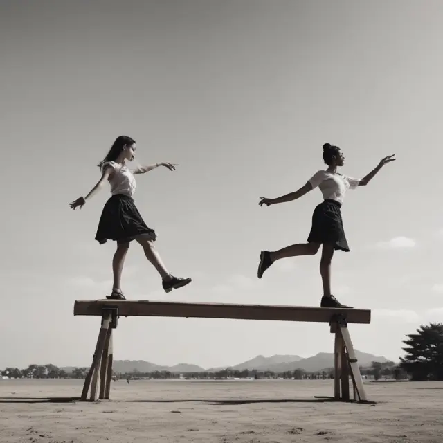Dancers symbolizing long-short equity and traditional long-only strategies balancing on a seesaw, depicting risk management and profit opportunities