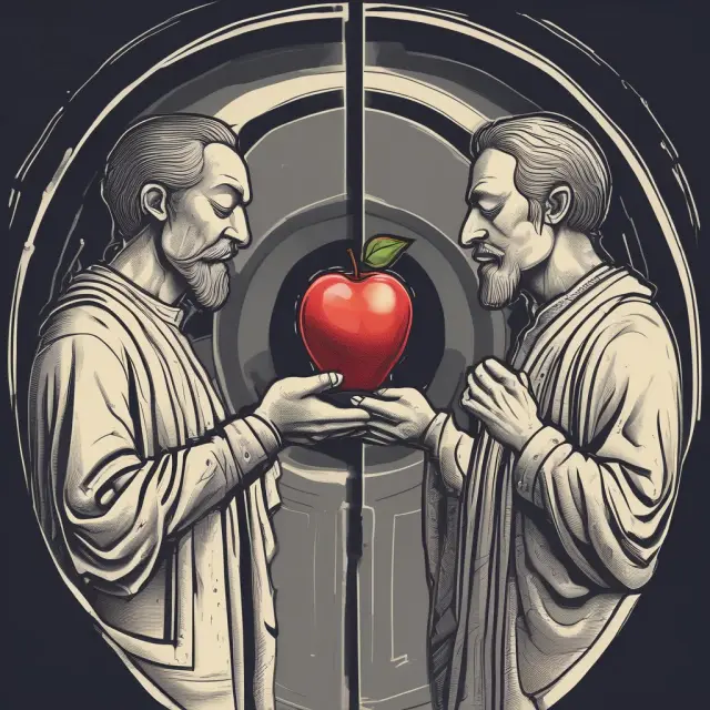 An investor holding an apple representing a long position on undervalued stock and a melted coin signifying a short position on overvalued stock