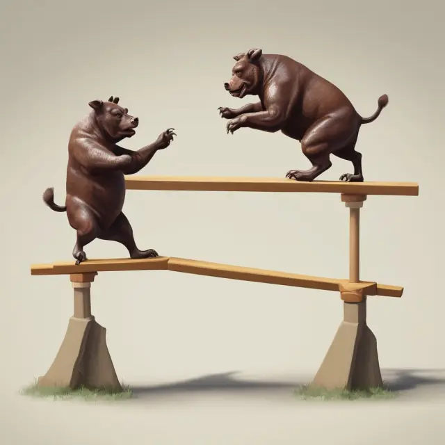 A metaphorical image of bull and bear figures engaged in a dance on a seesaw, symbolizing the balance of risk and reward in long-short equity investing