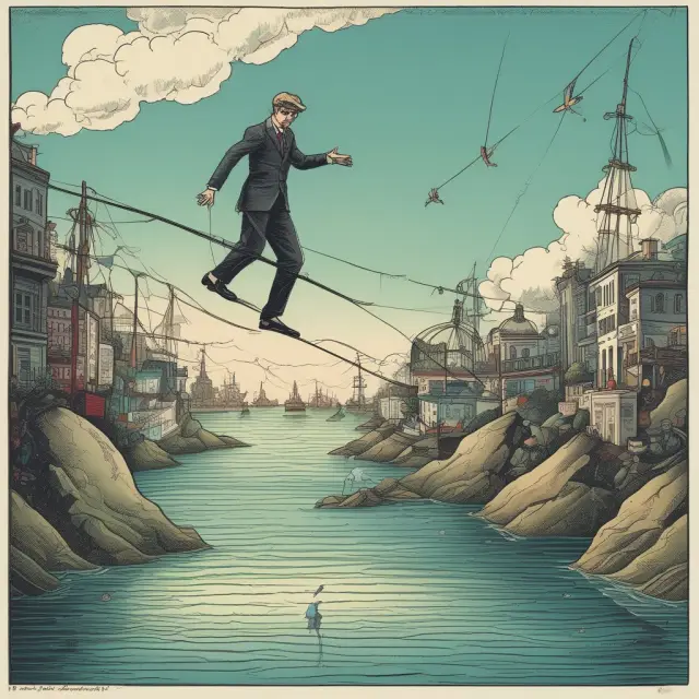 An investor balancing long and short investments on a tightrope over high transaction costs. Liquidity risk lurks beneath.