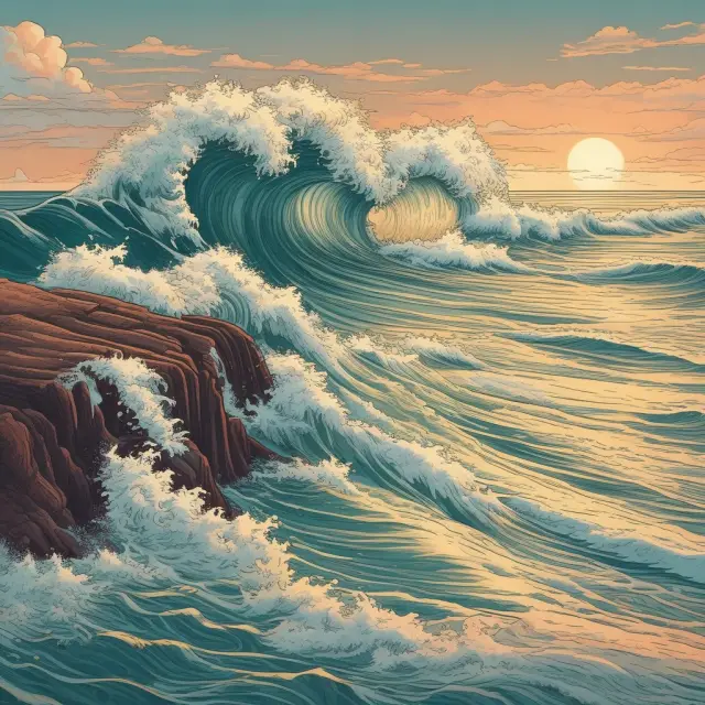 A wave made up of long-tail probabilities crashing onto the shore of statistical significance, representing the impact of niche markets on sales and distribution
