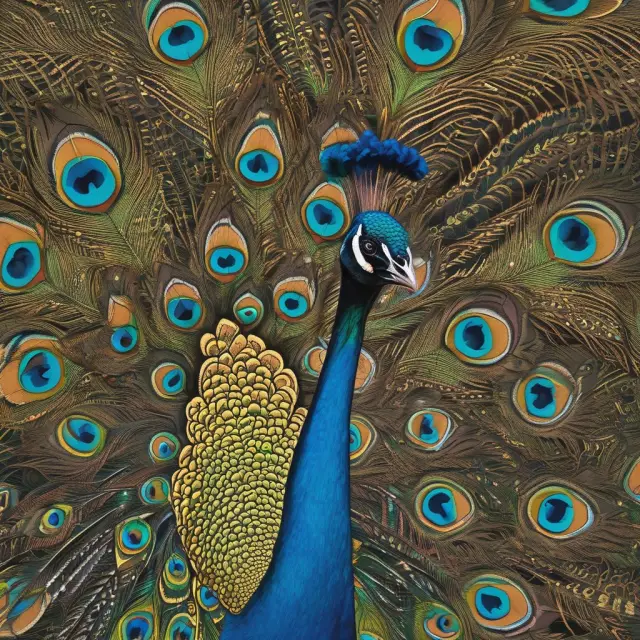 A vibrant peacock with an extensive range of niche feathers, representing the long tail strategy