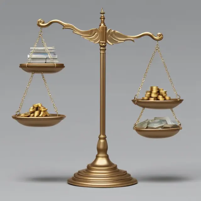 Image of two balanced scales representing the long-term debt-to-total-assets ratio, with debt and assets symbolizing advantages and disadvantages in investment analysis.
