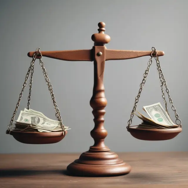 A balance scale with gold coins as assets and blue gems as long-term debts. The scale