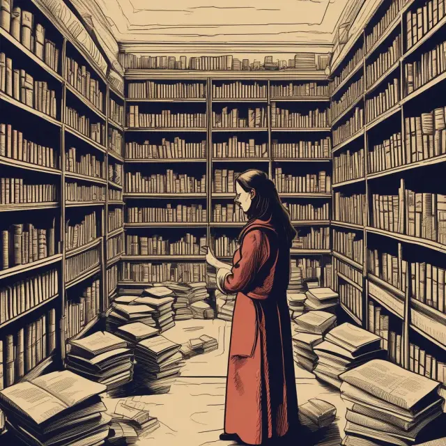 A library scene showcasing various financial ratios; librarian gestures to an open 