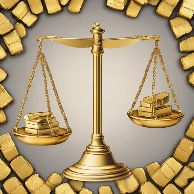 Golden scale weighing long-term debt against total assets, with a ratio key for context