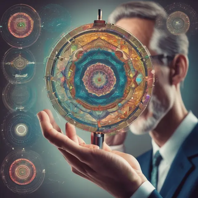 An investor examines a kaleidoscope filled with scenarios depicting long-term capital gains taxation in IRA, Roth IRA, and 401(k) retirement accounts