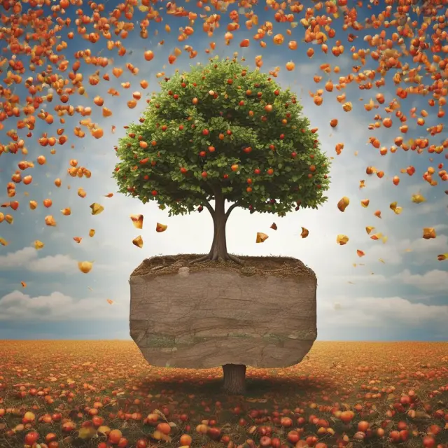 An orchard tree symbolizing long-term investment growth, with branches representing capital gains and losses.