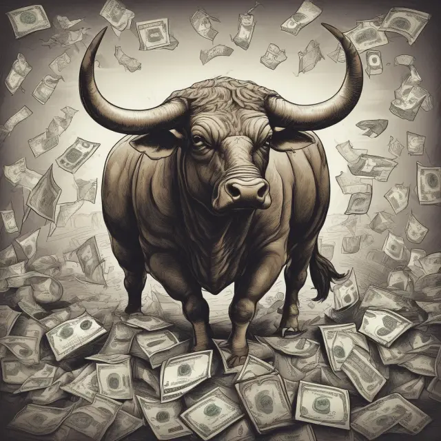 Bull figure triumphantly holding a stack of stocks, mutual funds, and bonds, alongside a currency pile - representing long positions in various traditional securities