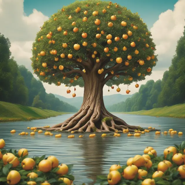 An orchard featuring a golden apple tree symbolizing capital appreciation, income-generating streams, and a protective shield illustrating risk management