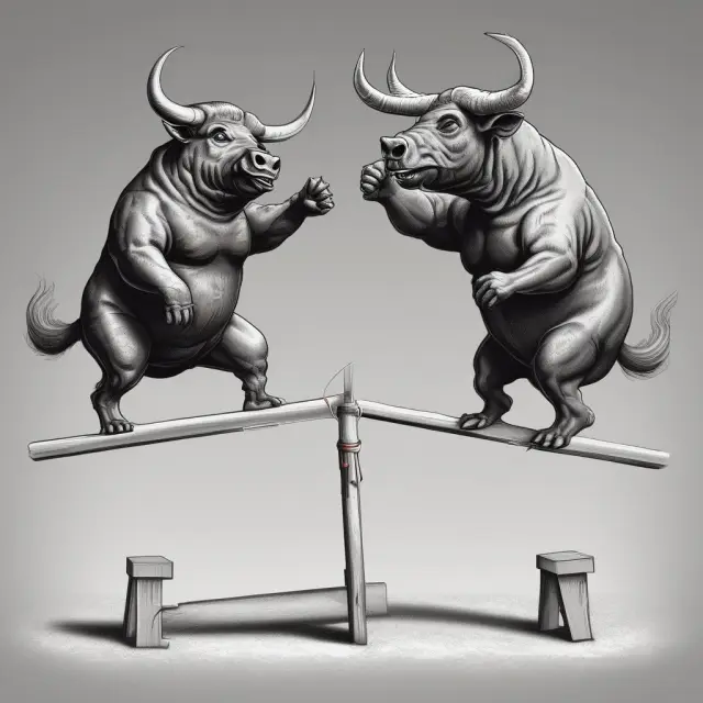 Bull and bear figuratively sharing a seesaw of options: one holding an upward call option, the other a downward put option.