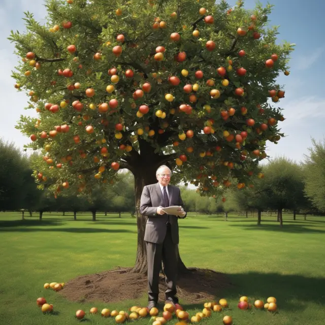 An apple tree laden with ripe golden apples signifying long positions in various stocks, accompanied by Warren Buffett caring for his investments.