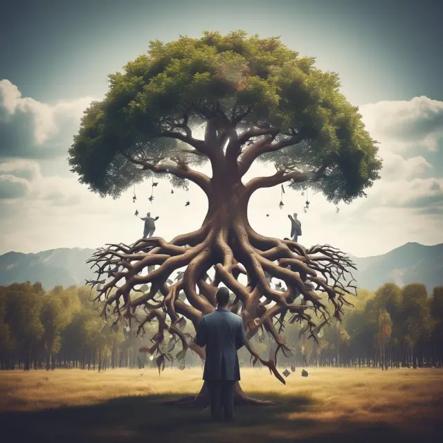 Institutional investor examining a tree representing long positions, comprised of interconnected branches for stocks and futures contracts