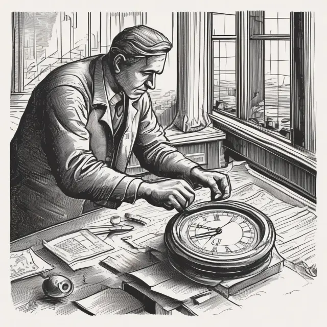 An artisan skillfully creates a put option out of the depicted underlying asset as a clock ticks and a falling stock price points down