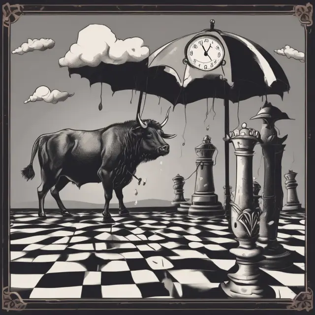 A chessboard with a ticking clock represents time decay. Bull holds an umbrella for implied volatility rain, while a trader balances on bid-ask spread scales - Key Considerations in Long Put Strategy