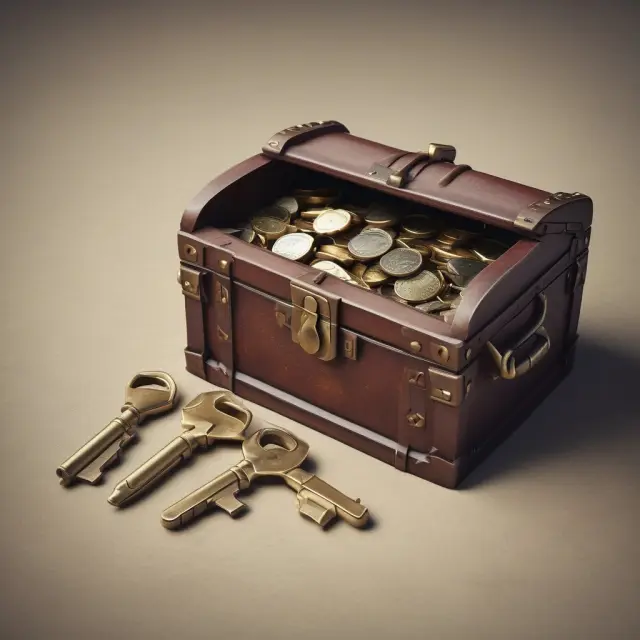 Three golden keys open a large wooden treasure chest, illustrating the key types of Long-Term Incentive Plans (LTIPs): 401(k), stock options, and restricted stocks