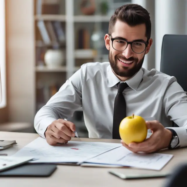 An employee holds a golden apple symbolizing a stock option, surrounded by financial charts and documents.